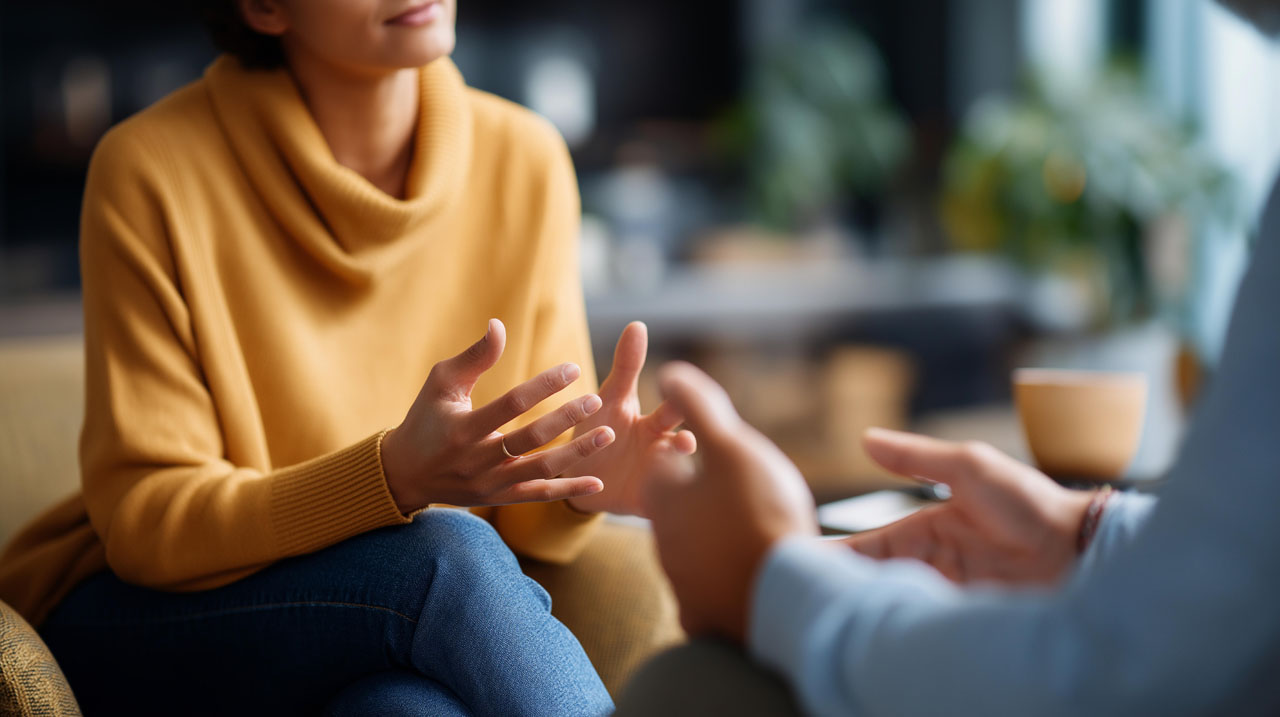 Engaged in deeply meaningful discussion during therapy session c