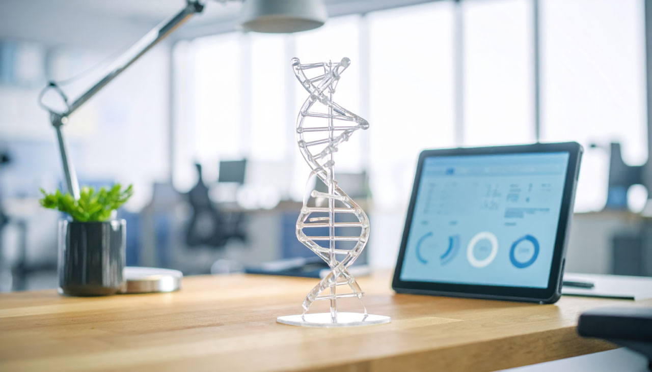 A clear, detailed DNA helix model cast in resin stands on a polished wooden desk, showcasing scientific representation and innovation, perfect for educational or research contexts.